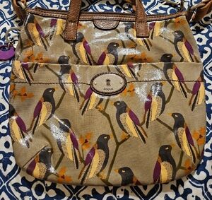 Fossil Tan and Purple Bird Print Women's Bag